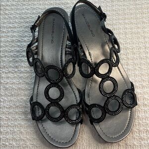 Bandolino glitter circles dressy sandal, with black patent wedge heel, classic